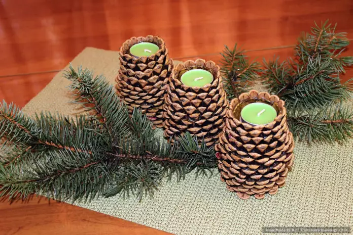 Candlestick iz stožcev: Kako narediti sami za novo leto? Glavni razredi po korakih božičnih svečnikov iz borovcev in jelk, oblikovalskih obrti 20855_40