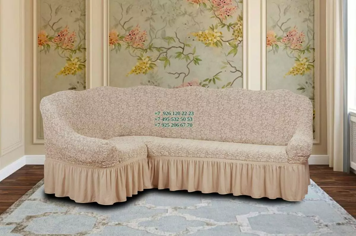 Eurochet på hjørne sofaen (31 billeder): Sådan slides på en sofa med en hylde i hjørnet, med et fremspring til venstre eller højre? Sådan trækker du sagen på en model uden armlæn? 20864_7