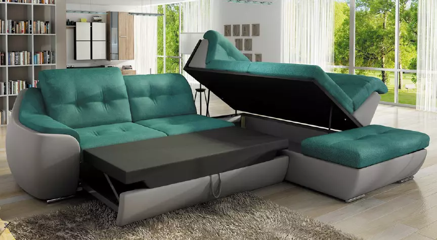Lipat Sofa Angular (48 foto): Tinjauan umum model besar dan kompak dengan panjang 180 cm dan ukuran lainnya. Bagaimana cara memposisikan? 20889_6