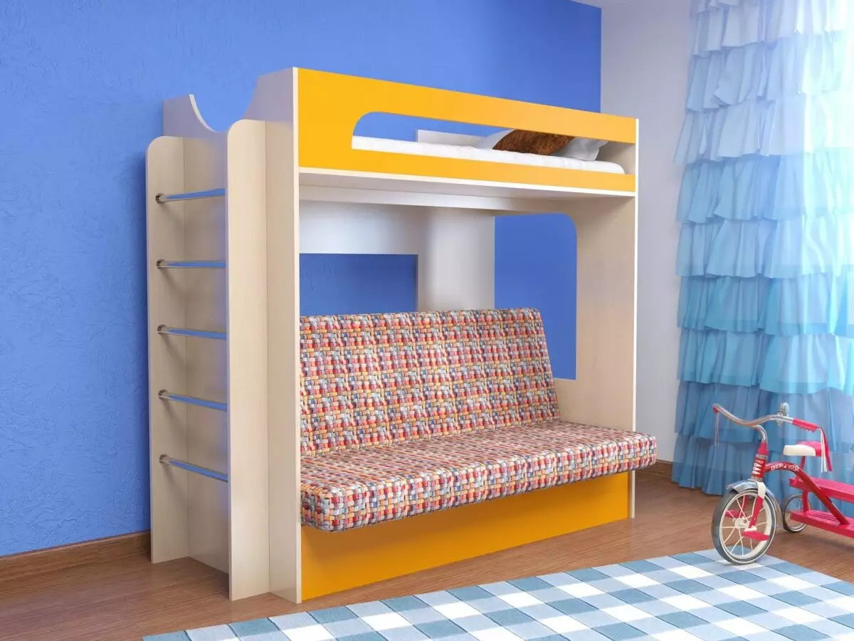 Nadó lliteres amb un sofà (53 fotos): llits de dos pisos amb un altell per a nens i adolescents, model en una habitació per a nens i nenes 20896_11