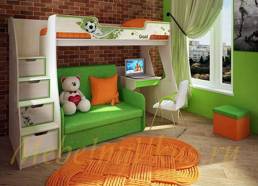 Nadó lliteres amb un sofà (53 fotos): llits de dos pisos amb un altell per a nens i adolescents, model en una habitació per a nens i nenes 20896_12