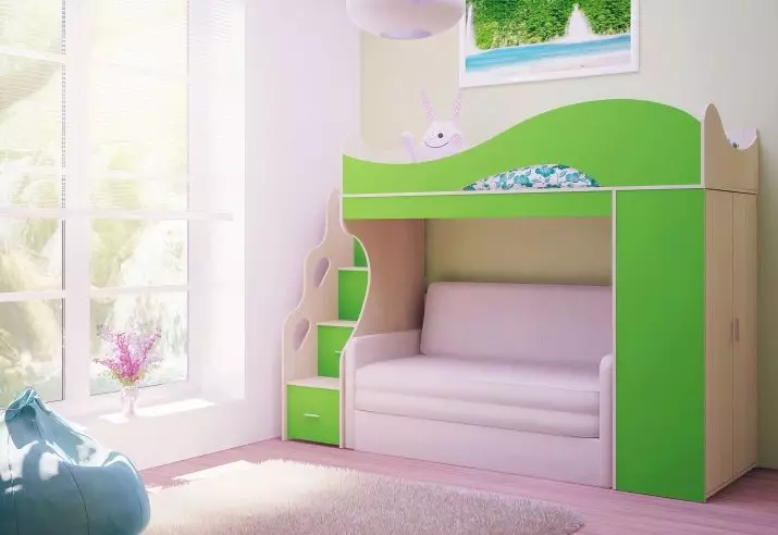 Baby våningssängar med en soffa (53 bilder): två våningar sängar med en vind för barn och tonåringar, modell i ett rum för tjejer och pojkar 20896_14