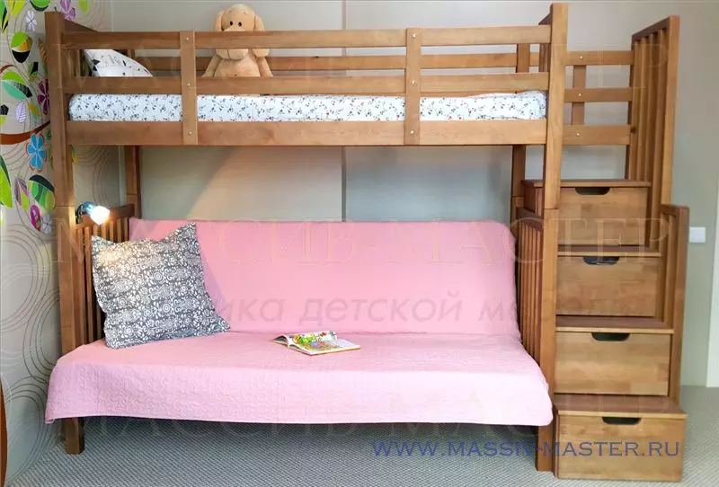 소파가있는 아기 이층 침대 (53 장의 사진) : 어린이와 청소년을위한 다락방이있는 2 층 침대, 소녀 및 소년을위한 방의 모델 20896_17
