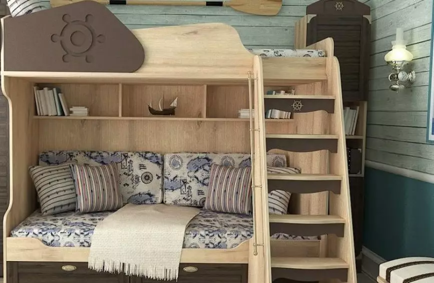 Nadó lliteres amb un sofà (53 fotos): llits de dos pisos amb un altell per a nens i adolescents, model en una habitació per a nens i nenes 20896_29