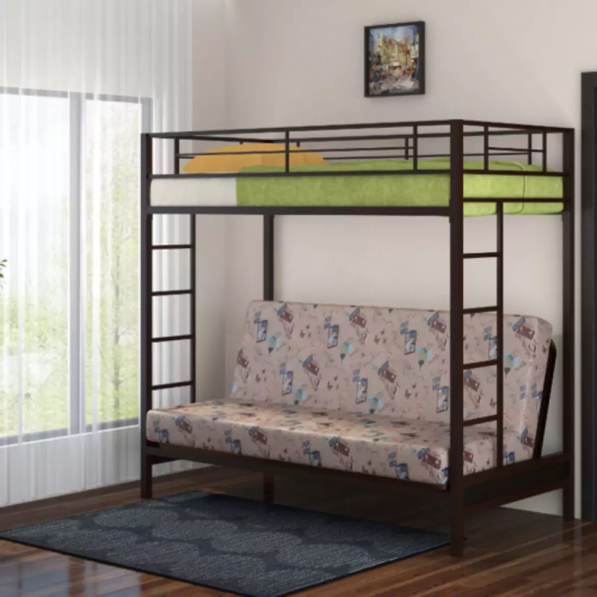 Baby våningssängar med en soffa (53 bilder): två våningar sängar med en vind för barn och tonåringar, modell i ett rum för tjejer och pojkar 20896_4