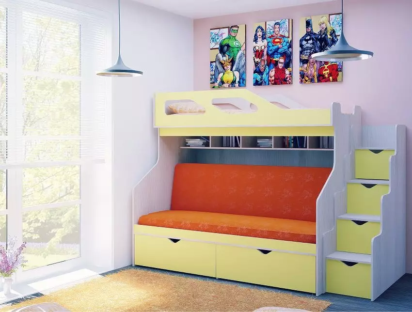 소파가있는 아기 이층 침대 (53 장의 사진) : 어린이와 청소년을위한 다락방이있는 2 층 침대, 소녀 및 소년을위한 방의 모델 20896_40