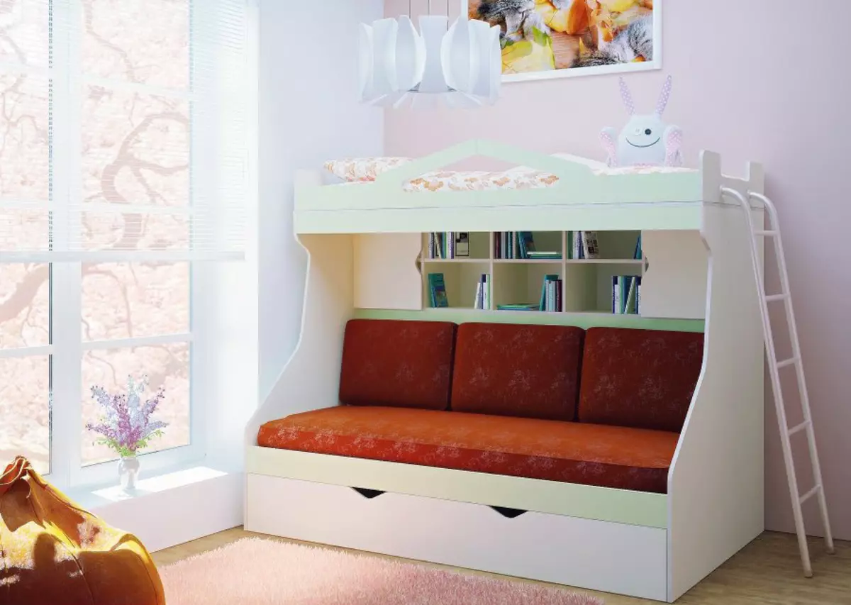 Nadó lliteres amb un sofà (53 fotos): llits de dos pisos amb un altell per a nens i adolescents, model en una habitació per a nens i nenes 20896_44