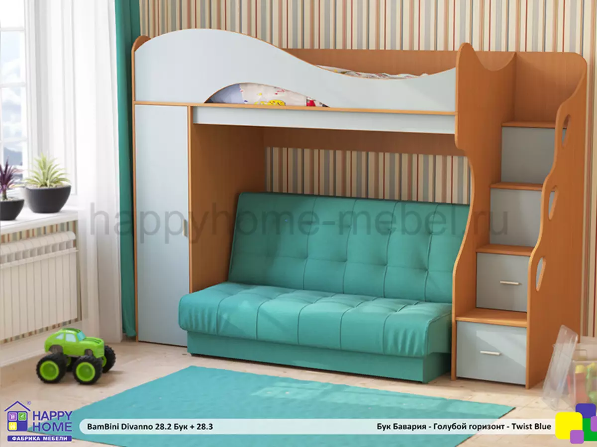 소파가있는 아기 이층 침대 (53 장의 사진) : 어린이와 청소년을위한 다락방이있는 2 층 침대, 소녀 및 소년을위한 방의 모델 20896_46