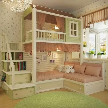 소파가있는 아기 이층 침대 (53 장의 사진) : 어린이와 청소년을위한 다락방이있는 2 층 침대, 소녀 및 소년을위한 방의 모델 20896_52