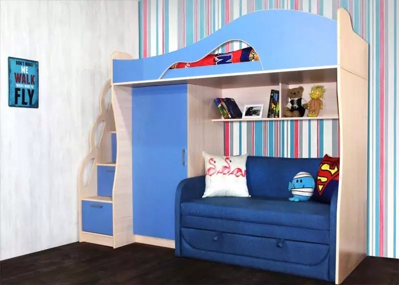 소파가있는 아기 이층 침대 (53 장의 사진) : 어린이와 청소년을위한 다락방이있는 2 층 침대, 소녀 및 소년을위한 방의 모델 20896_9