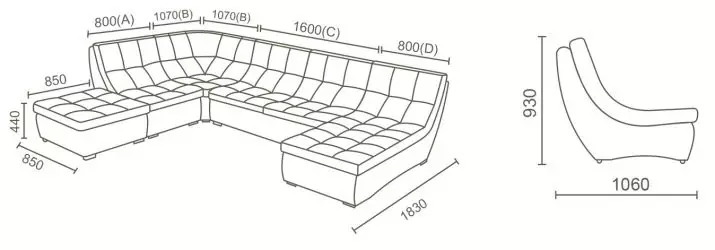 Sudut sofas tanpa armén (34 poto): 2000x1500 sareng 2000x1400 mm, anu condong, naros sareng kontra 20915_22