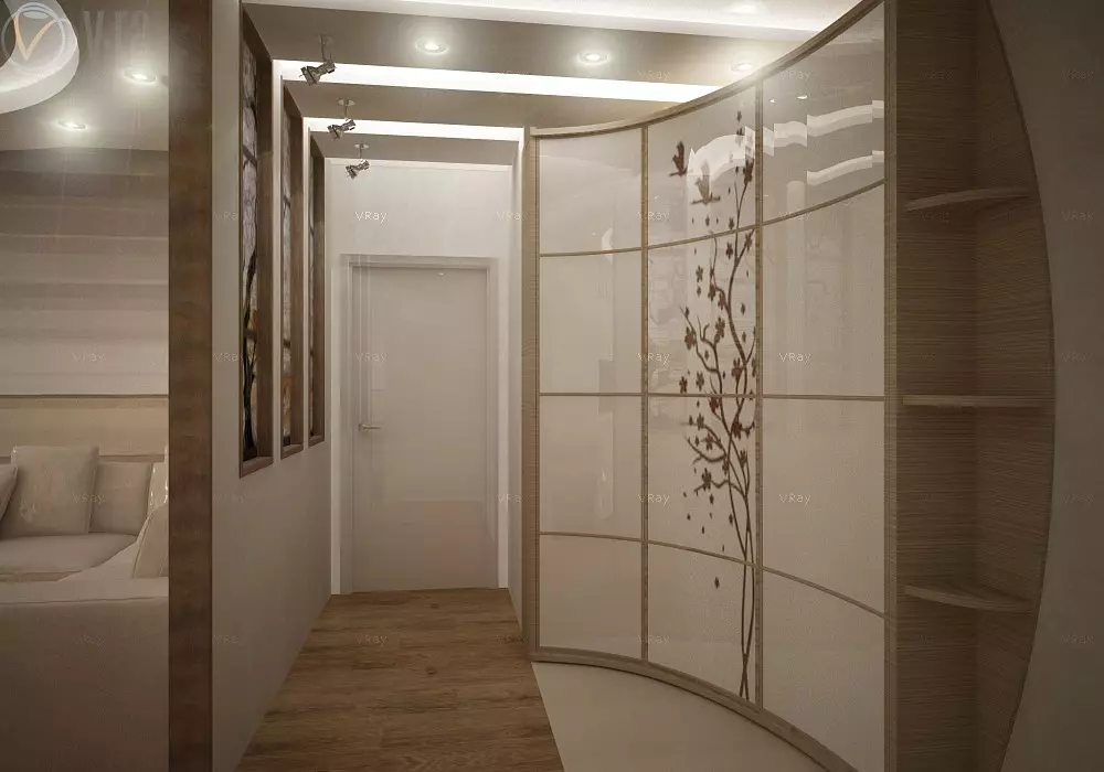 Inbyggd garderob i korridoren (108 bilder): designidéer av inbäddade strukturer, vinkel- och swingmodeller för en liten korridor, fyllning inuti, smala och shoppingskåp 20922_10