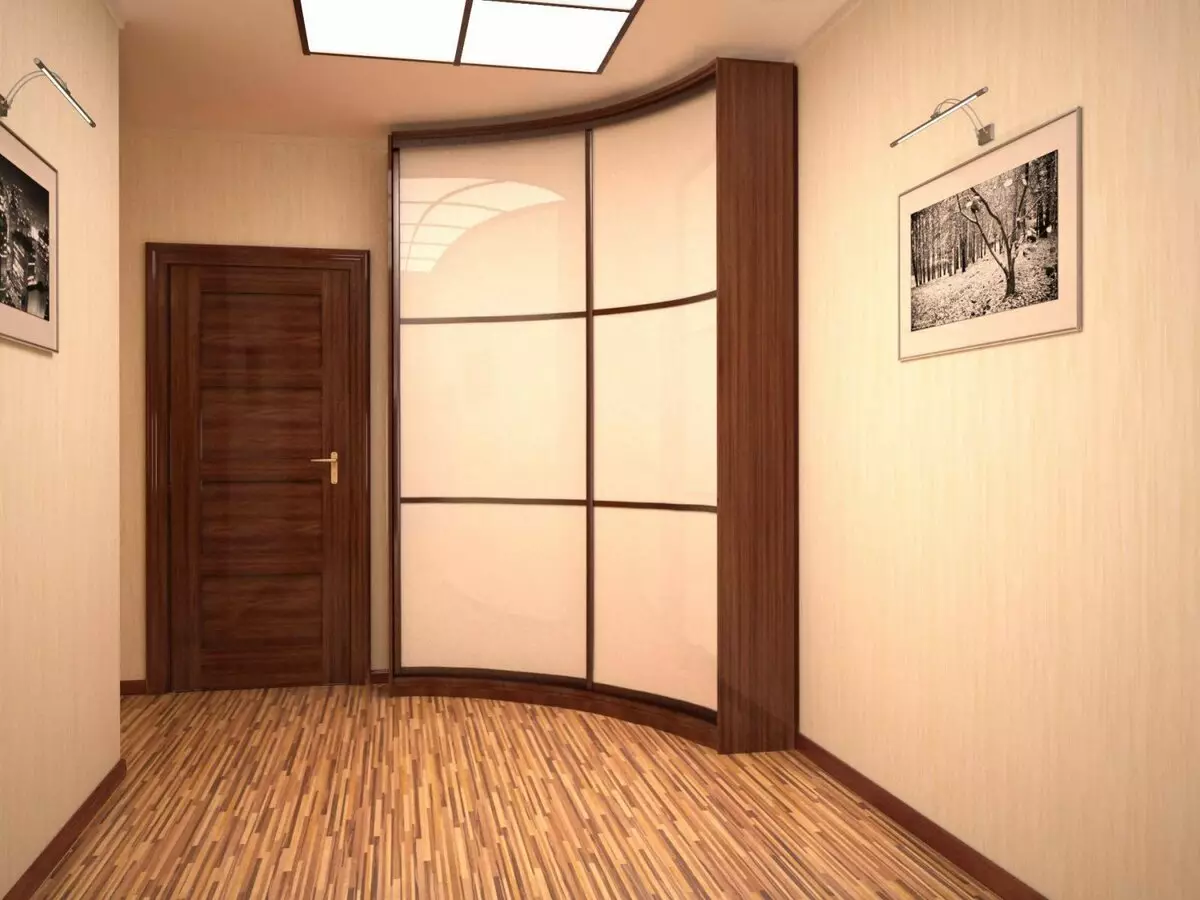 Inbyggd garderob i korridoren (108 bilder): designidéer av inbäddade strukturer, vinkel- och swingmodeller för en liten korridor, fyllning inuti, smala och shoppingskåp 20922_16