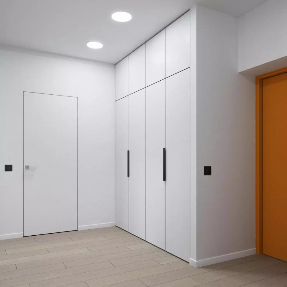Вграден гардероб в коридора (108 снимки): дизайнерски идеи за вградени структури, ъглови и люлеещи модели за малък коридор, пълнене вътре, тесни и търговски шкафове 20922_27