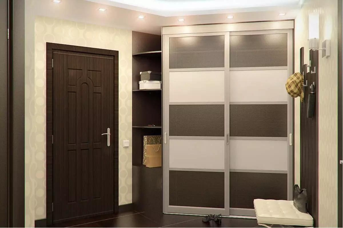 Вградена гардероба во ходникот (108 фотографии): Дизајн идеи за вградени структури, аголни и замав модели за мал коридор, полнење внатре, тесни и шопинг кабинети 20922_42