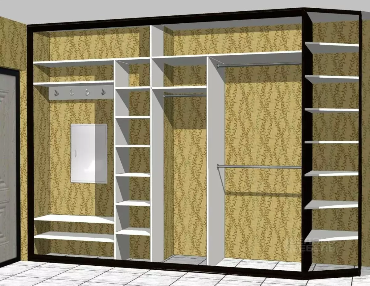 Inbyggd garderob i korridoren (108 bilder): designidéer av inbäddade strukturer, vinkel- och swingmodeller för en liten korridor, fyllning inuti, smala och shoppingskåp 20922_57