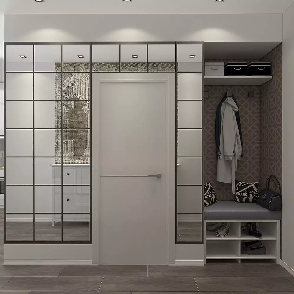 Innebygd garderobe i gangen (108 bilder): Designideer av innebygde strukturer, vinkel- og svingmodeller for en liten korridor, fylling inne, smale og shoppingskap 20922_60