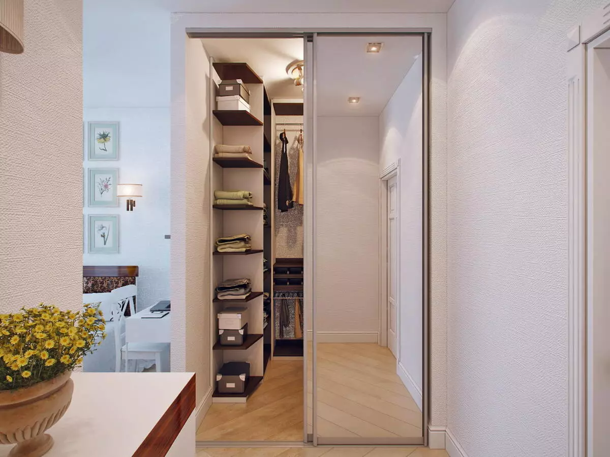 Tủ quần áo tích hợp trên hành lang (108 ảnh): Ý tưởng thiết kế của các cấu trúc nhúng, mô hình góc và swing cho một hành lang nhỏ, điền vào bên trong, tủ hẹp và tủ mua sắm 20922_92