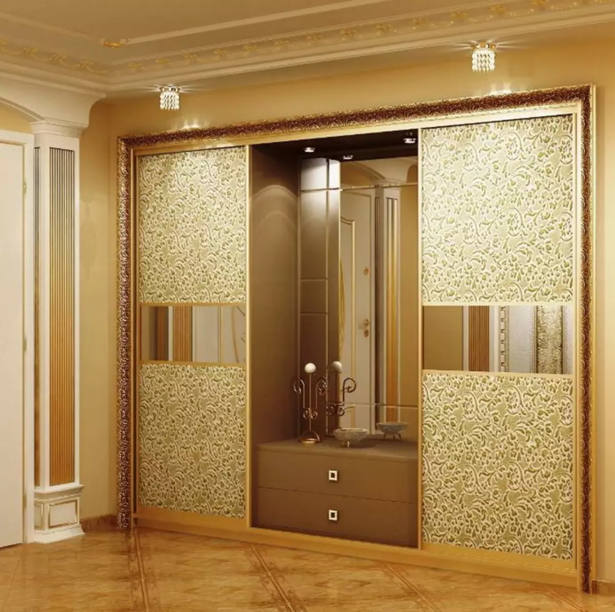 Garderobă încorporată în hol (86 fotografii): Design idei de dulapuri încorporate pe coridor. Alegeți dulapurile oglinzei unghiulare în hol mici și alte opțiuni 20926_14