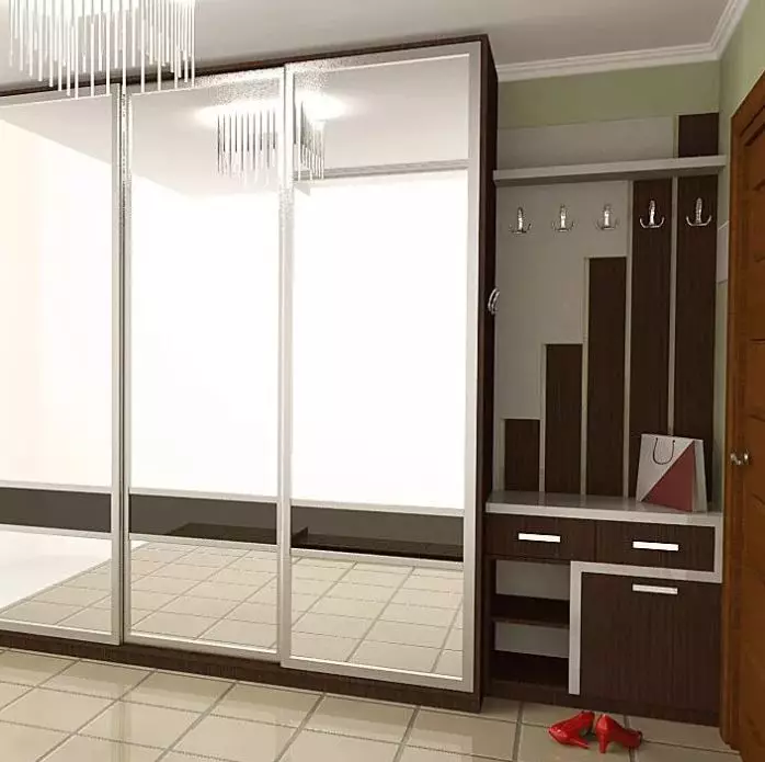Inbyggd garderob i korridoren (86 bilder): Design idéer av inbäddade skåp i korridoren. Välj vinkelspegelskåp i liten hall och andra alternativ 20926_18