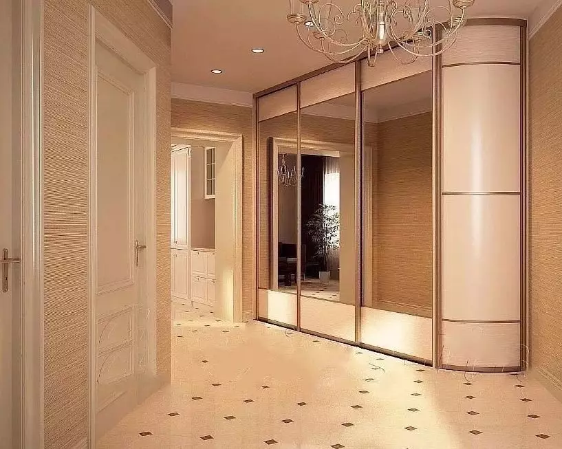 Inbyggd garderob i korridoren (86 bilder): Design idéer av inbäddade skåp i korridoren. Välj vinkelspegelskåp i liten hall och andra alternativ 20926_56