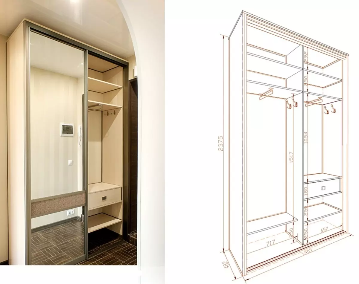 内蔵のワードローブ廊下（86枚の写真）に：廊下で埋め込まれたキャビネットのデザインのアイデア。小さな廊下やその他のオプションで角度鏡のキャビネットを選択してください 20926_58
