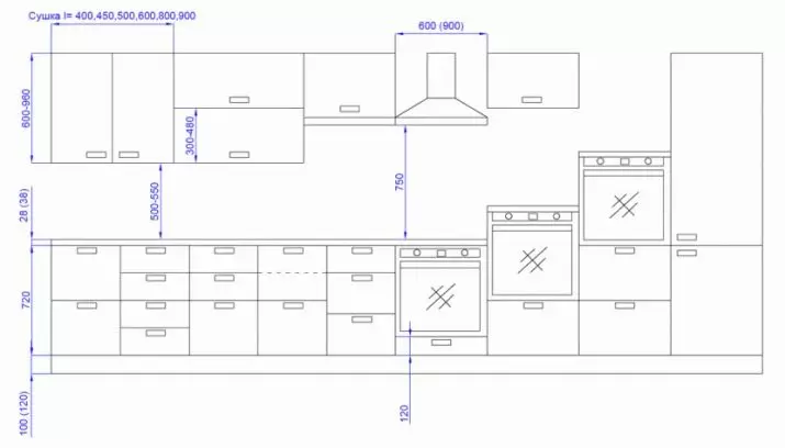 Το ύψος των κορυφαίων ντουλαπιών για την κουζίνα (20 φωτογραφίες): Τυποποιημένα μεγέθη του τοποθετημένου ντουλαπιού στο ακουστικό κουζίνας. Ποιο είναι το μέγιστο ύψος των ανώτερων ντουλαπιών; 20952_10