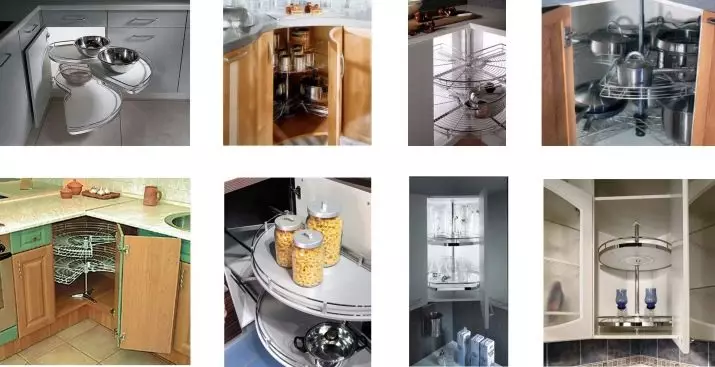 Karusell i en garderob för köket (12 bilder): Val av hyllor-karusell för det nedre och övre hörnet. Funktioner av roterande och infällbara mekanismer 20957_5