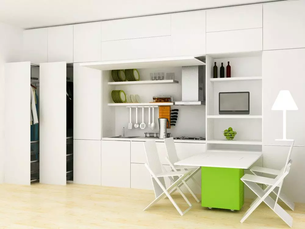 Transformatoru virtuve (35 fotogrāfijas): apaļo virtuves austiņu transformatoru un citu mēbeļu-transformatora izvēle mazā virtuves dzīvoklī 20959_15