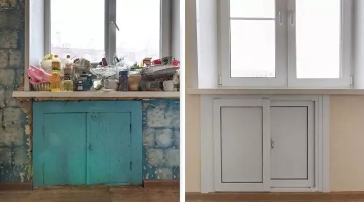 Niche a konyhában az ablak alatt (38 fotók): téli szekrény hűtőszekrény és doboz az ablak alatt a konyhában, polcok és más befejezési tervezési lehetőségek 20962_10
