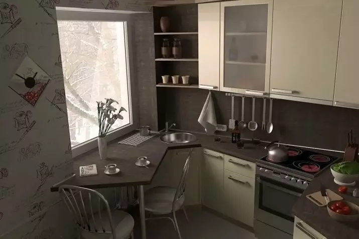 Θέση στην κουζίνα κάτω από το παράθυρο (38 φωτογραφίες): ψυγείο και κιβώτιο χειμώνα κάτω από το παράθυρο στην κουζίνα, ράφια και άλλες επιλογές σχεδιασμού τελειώματος 20962_21