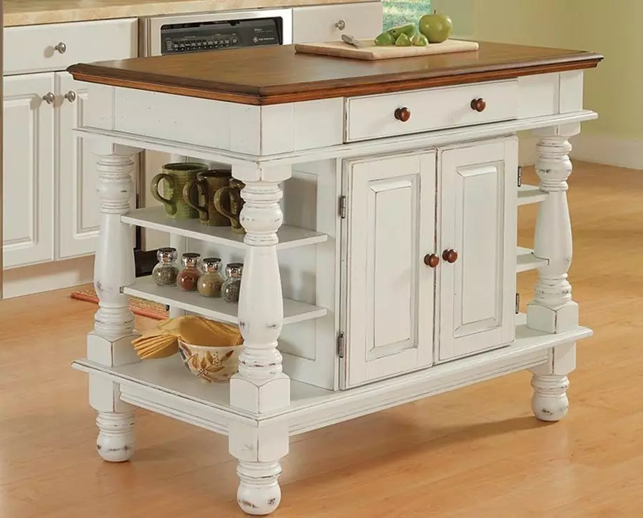 Dresser untuk dapur (53 foto): Kabinet dapur dengan laci untuk hidangan, desain jagung dalam gaya klasik, laci dengan permukaan kerja, model plastik sempit bergaya 20964_45