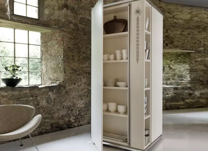 Кабинети за кујна (57 фотографии): отворено висока и тесна кујна кабинет, кујнски слушалки со аголни модели на случај датотеки во дизајнот на ентериер 20965_15