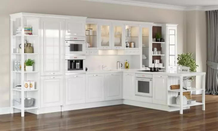 Кабинети за кујна (57 фотографии): отворено висока и тесна кујна кабинет, кујнски слушалки со аголни модели на случај датотеки во дизајнот на ентериер 20965_50