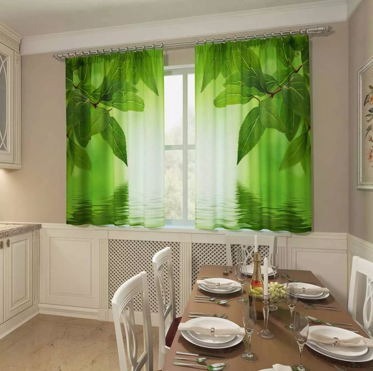 Rèm cửa màu xanh lá cây trong bếp (77 ảnh): Rèm cửa màu be-salad và hồ trăn cho nhà bếp màu trắng và màu cam, nội thất với vải tuyn xanh-lilac 20973_54