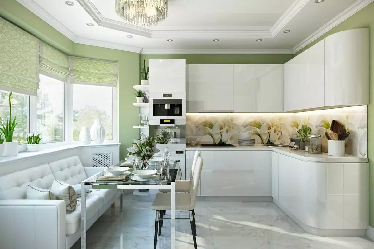 الستائر الخضراء في المطبخ (77 صور): البيج-سلطة والفستق ألوان الستائر لالمطبخ الأبيض والبرتقالي، والديكورات الداخلية مع تول أخضر أرجواني 20973_6