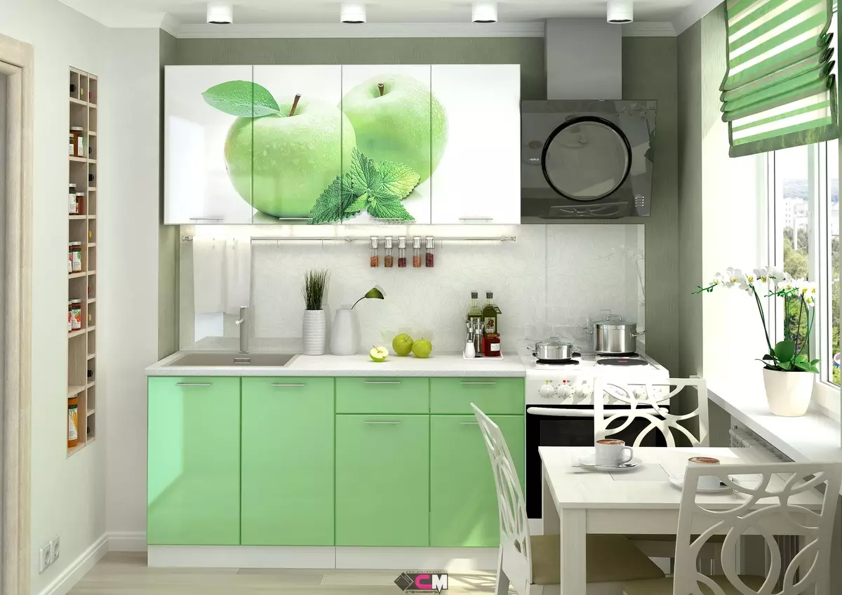 Zaļie aizkari virtuvē (77 fotoattēli): bēša salāti un pistāciju krāsas aizkari baltiem un oranžiem virtuvēm, interjeriem ar zaļo lilaku tillu 20973_65