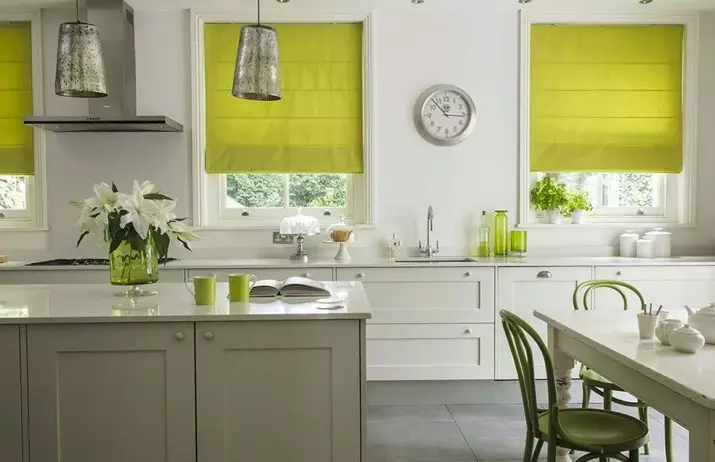 Zaļie aizkari virtuvē (77 fotoattēli): bēša salāti un pistāciju krāsas aizkari baltiem un oranžiem virtuvēm, interjeriem ar zaļo lilaku tillu 20973_69