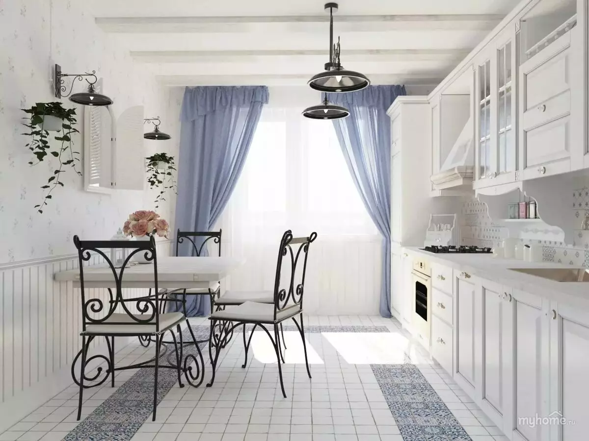 Rideaux pour la cuisine blanche (42 photos): Quelles couleurs conviennent à la conception de la cuisine en couleurs noires et blanches? Comment les rideaux bleus regardent-ils dans l'intérieur de la cuisine blanche? 20975_24