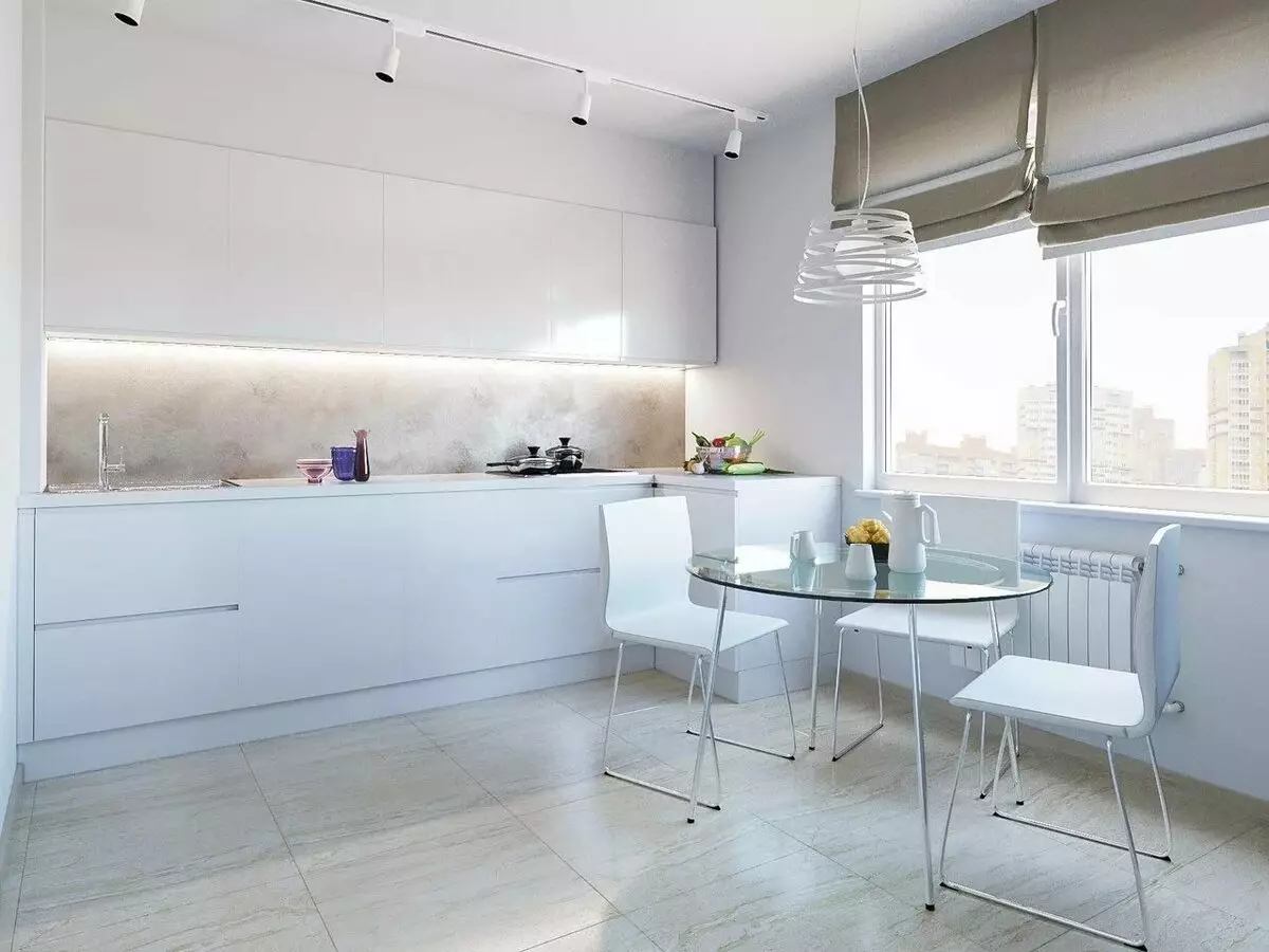 Tirai untuk dapur putih (42 foto): Warna apa yang cocok untuk desain dapur dalam warna hitam dan putih? Bagaimana tirai biru terlihat di interior dapur putih? 20975_30