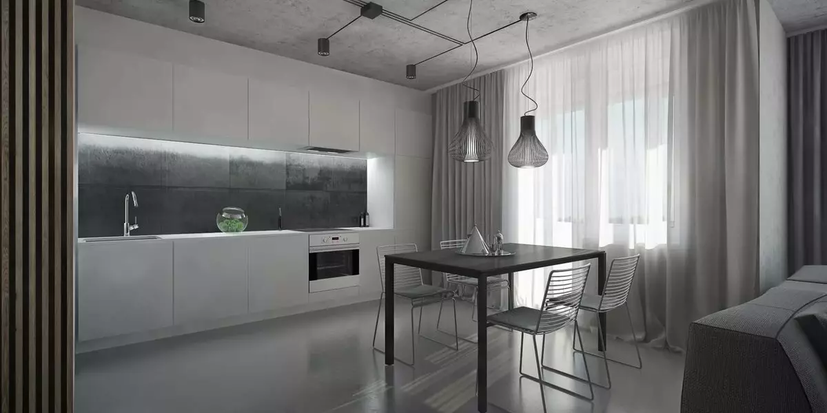 白色厨房的窗帘（42张照片）：黑色和白色颜色的厨房设计适用于什么颜色？蓝色窗帘如何看待白色厨房内部？ 20975_33