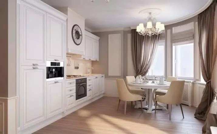 白色廚房的窗簾（42張照片）：黑色和白色顏色的廚房設計適用於什麼顏色？藍色窗簾如何看待白色廚房內部？ 20975_9