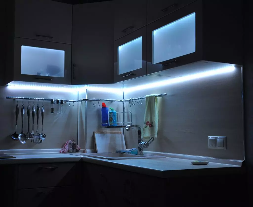 Ribbon LED untuk dapur (62 foto): pita pelekat diri 220 V. apa pita memilih untuk menerangi alat dengar dapur? Pencahayaan reben untuk apron 20998_33