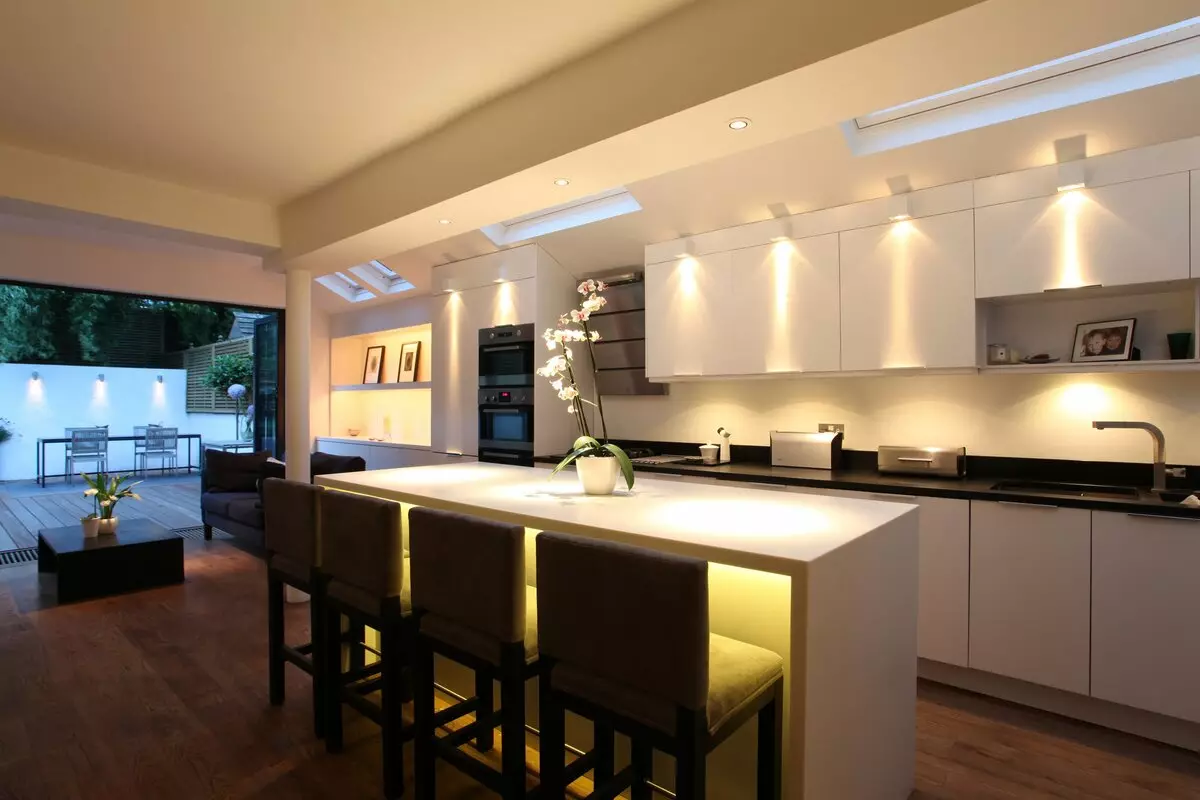 لامپ های آشپزخانه (74 عکس): آشپزخانه Sconce و لامپ های سنسور دیوار نصب شده، سربار و چراغ های پیگیری و سقف، گزینه های دیگر 21003_18