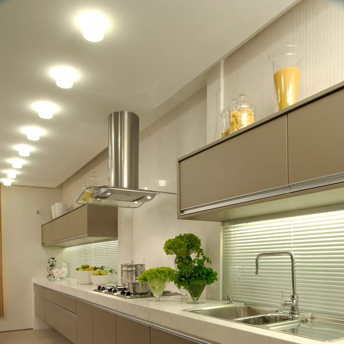 Küchenlampen (74 Fotos): Küchenschaufel- und Wand-Sensorlampen, Overhead- und Track-Lampen und -decke, andere Optionen 21003_21