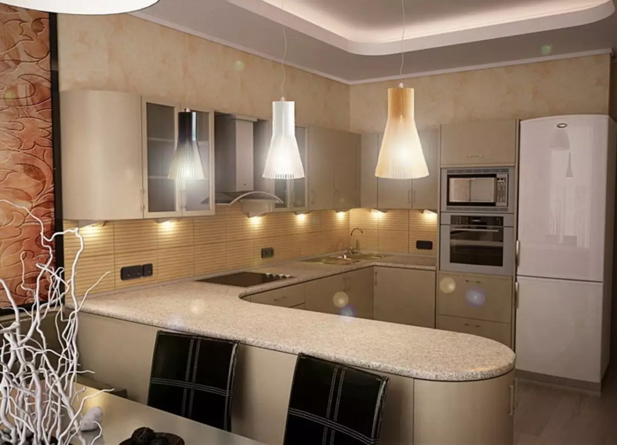 باورچی خانے میں روشنی (52 فوٹو): باورچی داخلہ میں روشنی کو مناسب طریقے سے کس طرح مناسب طریقے سے منظم کرنے کے لئے؟ چھت اور دیواروں پر لیمپ کے لئے ڈیزائن اور اختیارات 21004_15