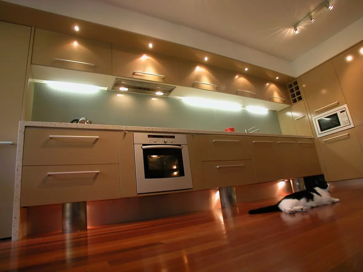 ไฟสปอร์ตไลท์ในห้องครัว (32 รูป): แสงสว่าง ตำแหน่งของพวกเขาเหนือพื้นผิวการทำงานและระยะทางของหลอดไฟจากผนัง 21005_3