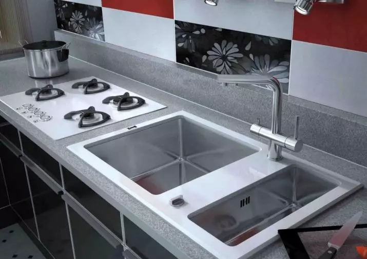 用于厨房的不锈钢垫圈（38张照片）：厨房用不锈钢，开销和嵌入式钢水槽的水槽。什么型号可供选择？从人造石头更好的炮弹是什么？ 21023_29