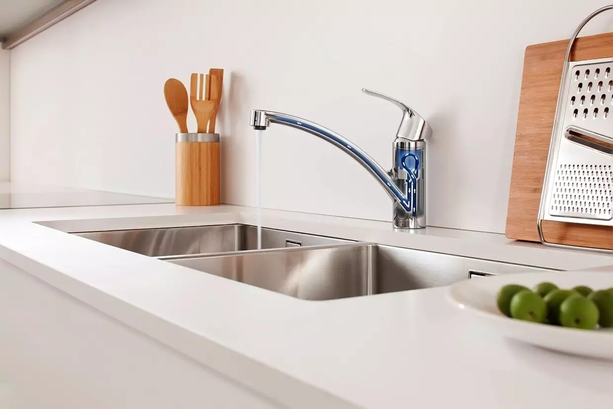 باورچی خانے کے faucets (68 تصاویر): ریٹرو سٹائل اور دیگر ماڈلوں میں دھونے کے لئے باورچی خانے کے نل، طویل اخراج کے ساتھ ڈوب کے لئے سینسر مکسر کا جائزہ لینے کے، ترمامیٹر 21053_5