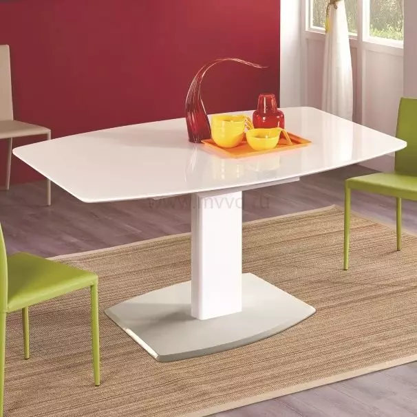 Tabeller för kök på ett ben (42 foton): Köksbord Ovala och runda former på det centrala stödet, glidande matbord på ett ben 21059_7